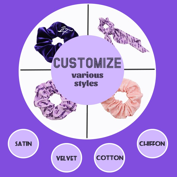 CHENGHE custom printed logo scrunchies pattern scrunchy hair accessory silk satin hair ties or logo label scrunchies
