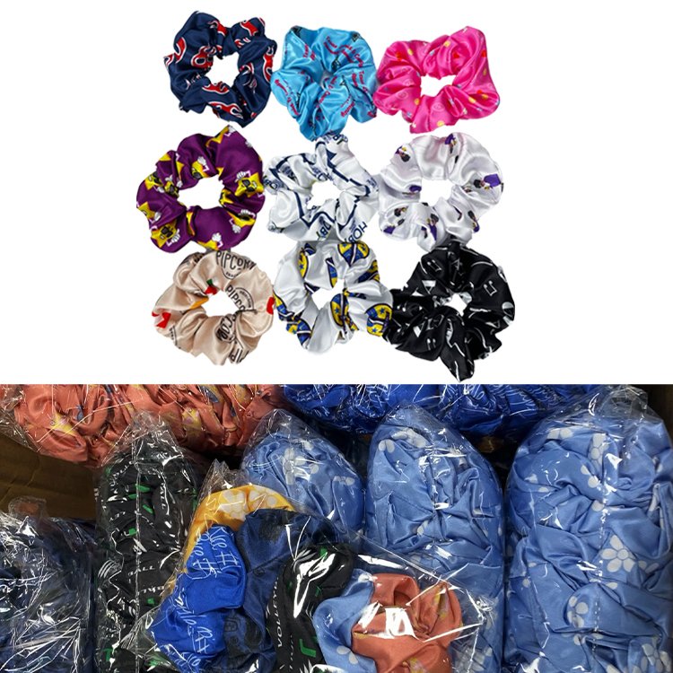 CHENGHE custom printed logo scrunchies pattern scrunchy hair accessory silk satin hair ties or logo label scrunchies