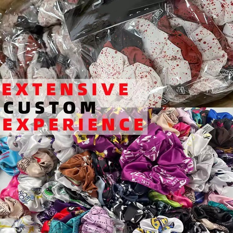 CHENGHE custom printed logo scrunchies pattern scrunchy hair accessory silk satin hair ties or logo label scrunchies