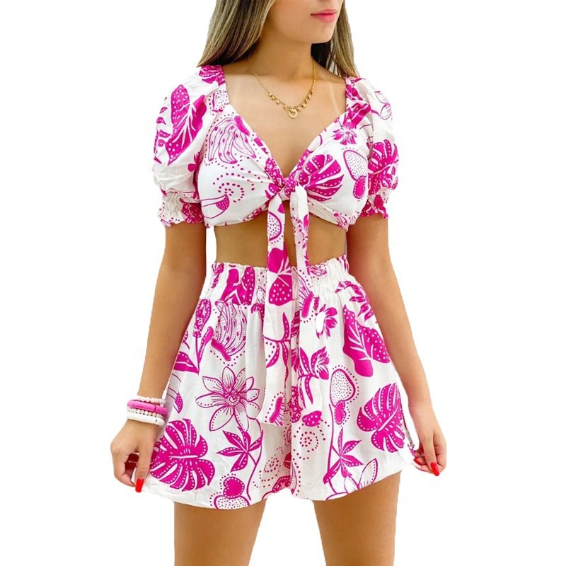 Summer Women's Lace-Up Short Sleeve Tie Dye Suit Shorts V-Neck Top Two Piece