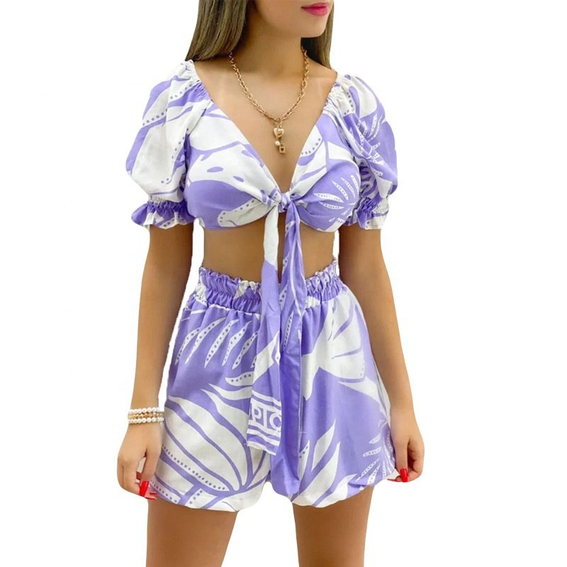 Summer Women's Lace-Up Short Sleeve Tie Dye Suit Shorts V-Neck Top Two Piece