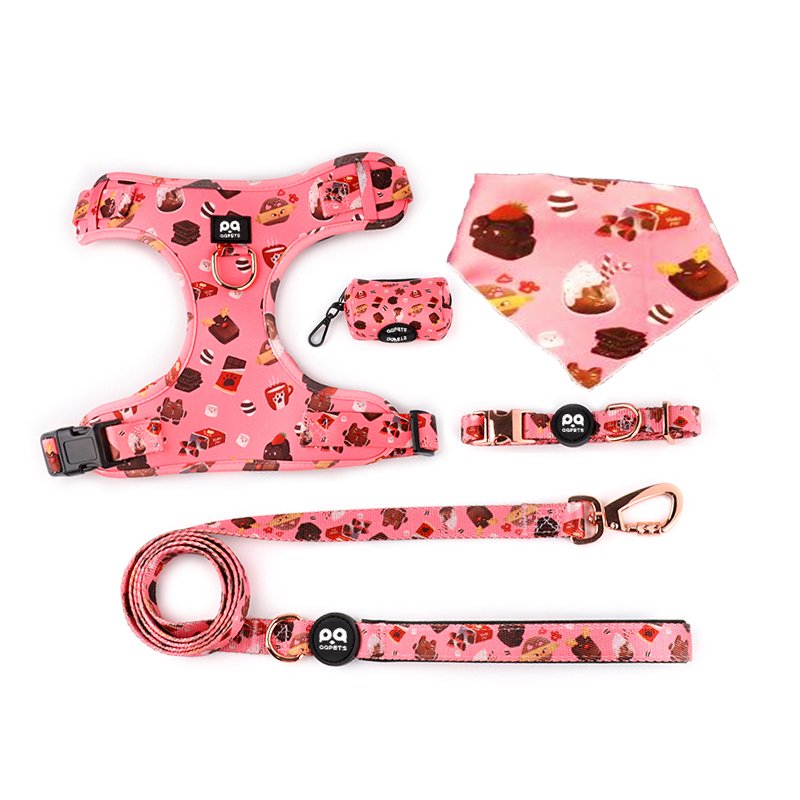 Polyester Adjustable Fries And Burger Pet Dog Harness Set Lovely Bow Tie And Leash Set,Cute Pet Dog Collar And Leash Harness Set