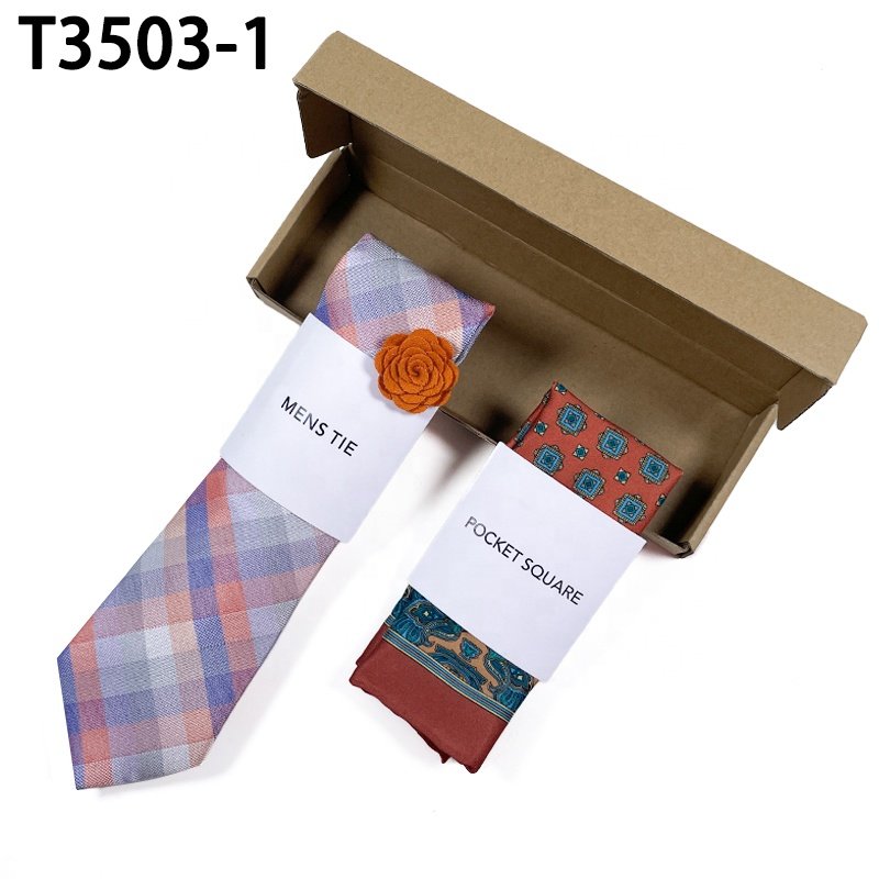 Wholesale gravatas com lenco do bolso conjunto de corbata lapel pin check tie set mens tie sets gift box necktie set