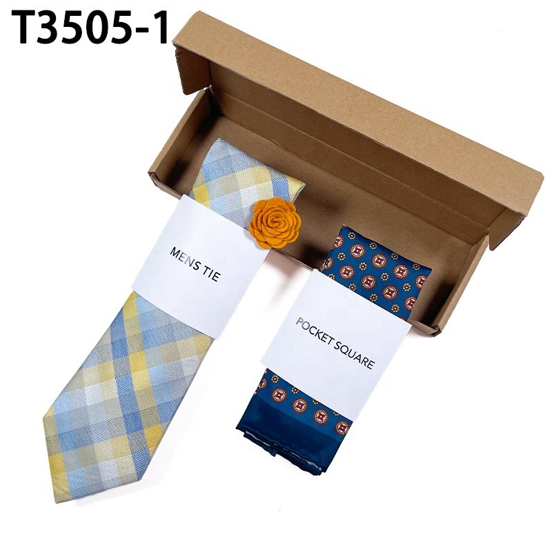 Wholesale gravatas com lenco do bolso conjunto de corbata lapel pin check tie set mens tie sets gift box necktie set
