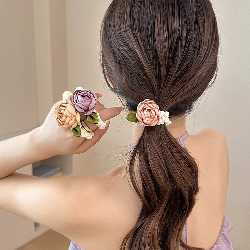 Elegant Camellia Rose Flower Silk Hair Scrunchies Satin Elastic Hair Tie Ponytail Holder Wedding Korea Senior Sense Hair Rope