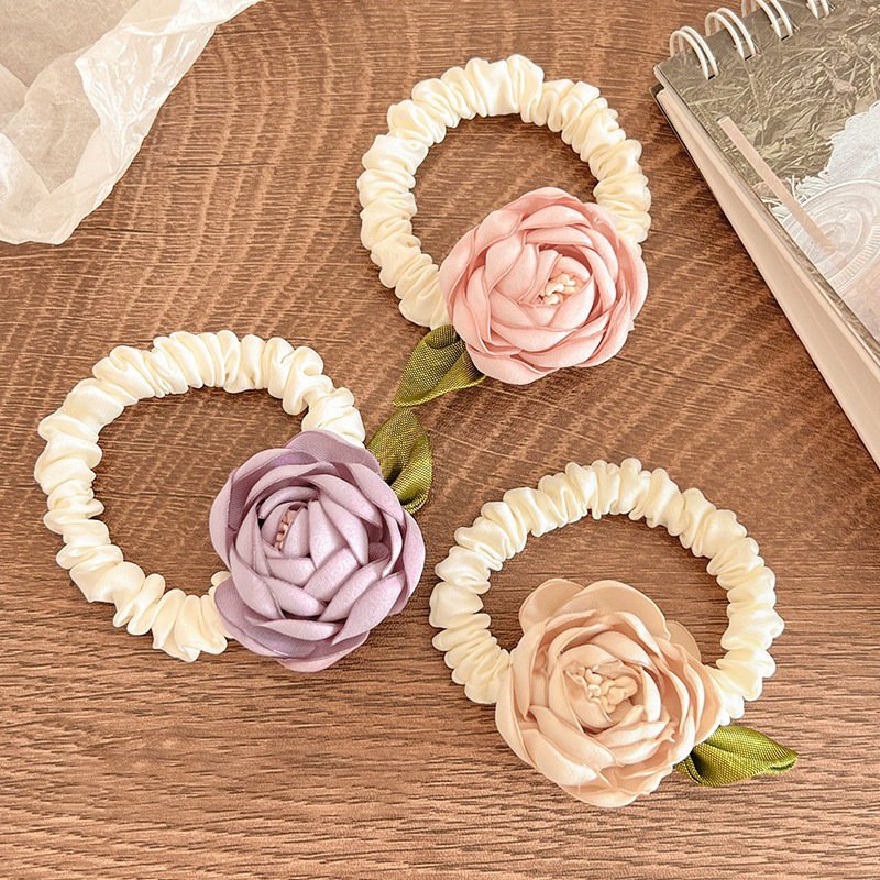 Elegant Camellia Rose Flower Silk Hair Scrunchies Satin Elastic Hair Tie Ponytail Holder Wedding Korea Senior Sense Hair Rope