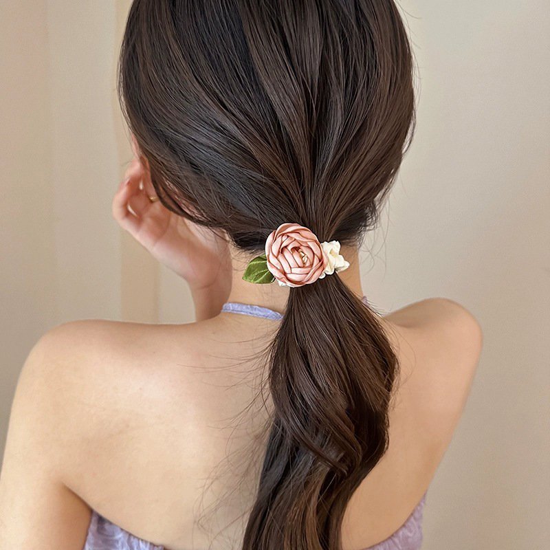 Elegant Camellia Rose Flower Silk Hair Scrunchies Satin Elastic Hair Tie Ponytail Holder Wedding Korea Senior Sense Hair Rope