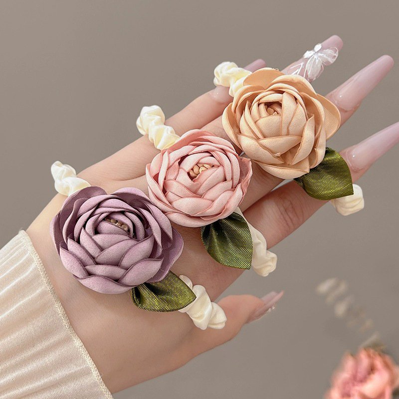 Elegant Camellia Rose Flower Silk Hair Scrunchies Satin Elastic Hair Tie Ponytail Holder Wedding Korea Senior Sense Hair Rope