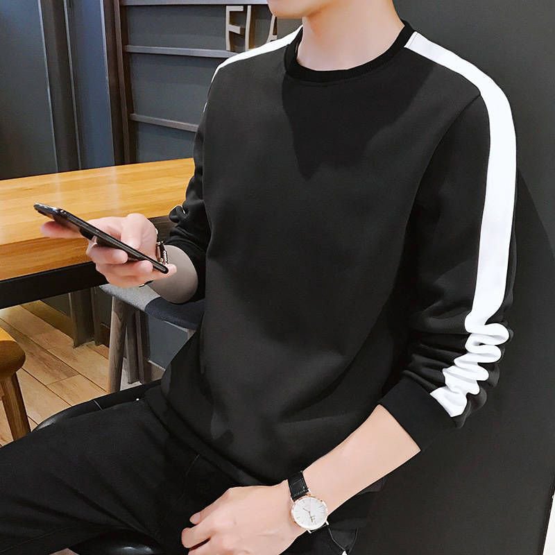 Autumn men's contrasting color splicing top Korean casual crew-neck long-sleeved pullover sweatshirt