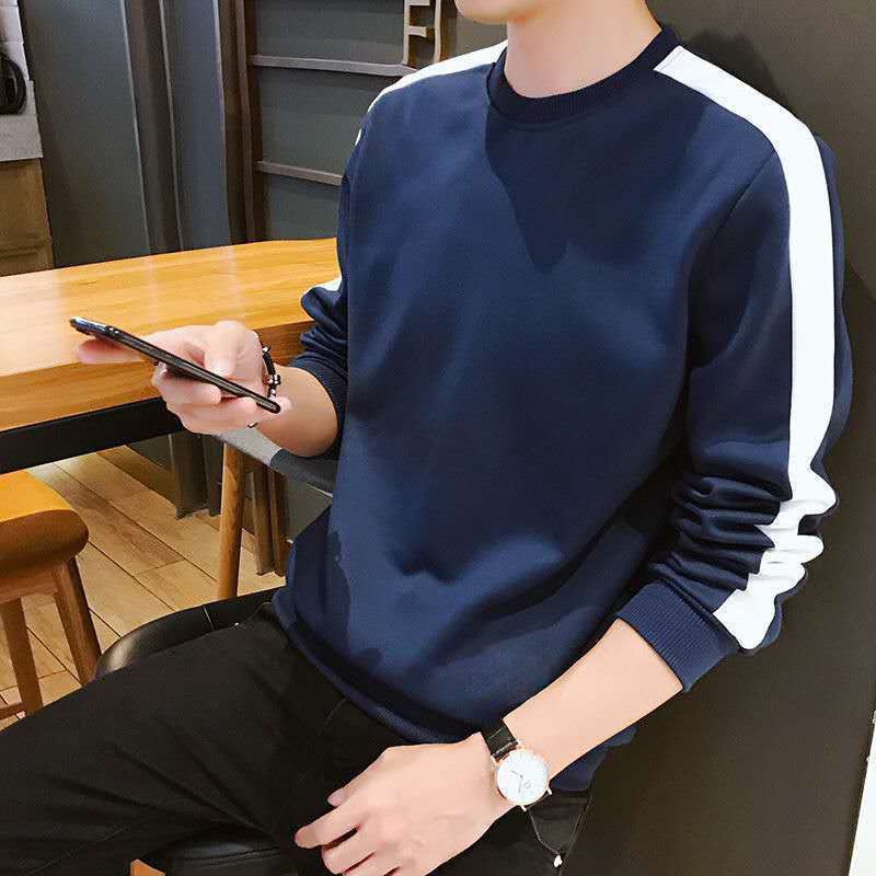 Autumn men's contrasting color splicing top Korean casual crew-neck long-sleeved pullover sweatshirt