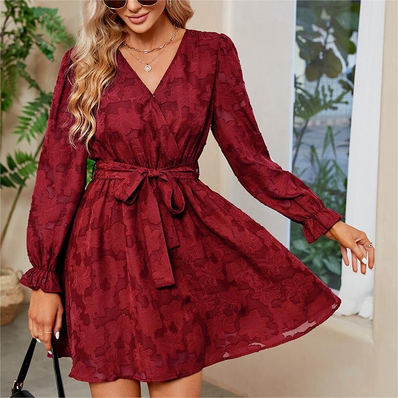 Polyester A-Line V Neck Wrap Tie Long Sleeve Mini Dress Casual Flare Women's Burgundy Classy Lady Lace Flower Dresses With Belts