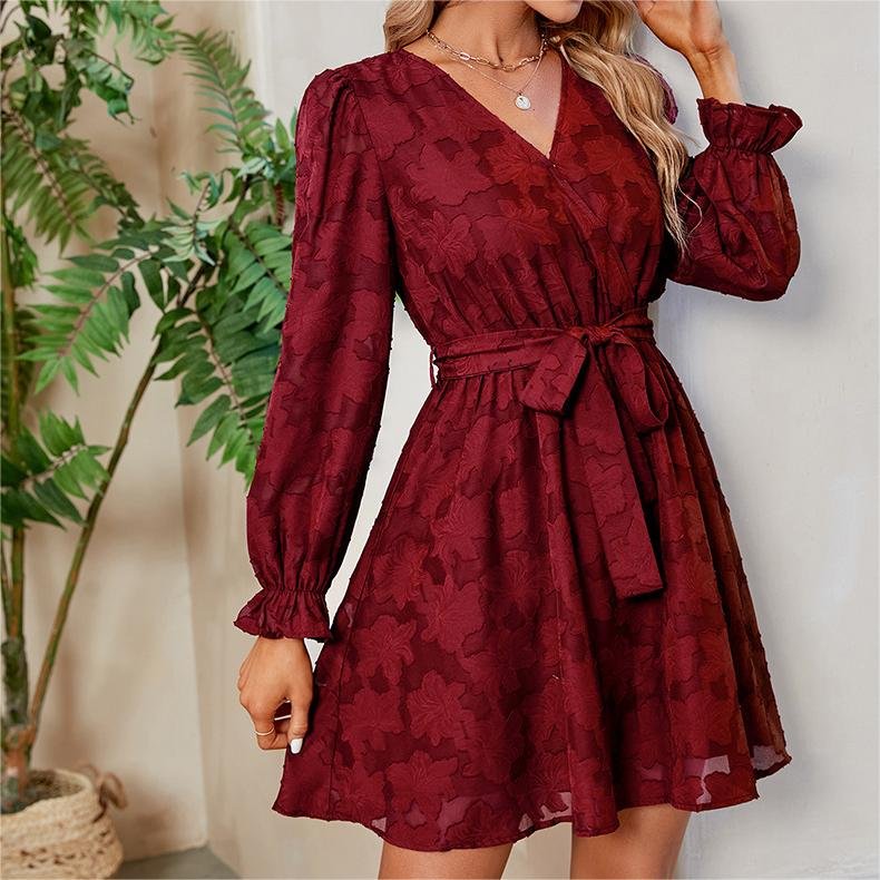 Polyester A-Line V Neck Wrap Tie Long Sleeve Mini Dress Casual Flare Women's Burgundy Classy Lady Lace Flower Dresses With Belts
