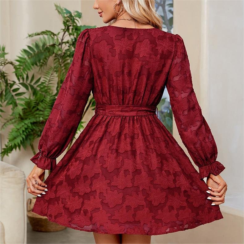 Polyester A-Line V Neck Wrap Tie Long Sleeve Mini Dress Casual Flare Women's Burgundy Classy Lady Lace Flower Dresses With Belts