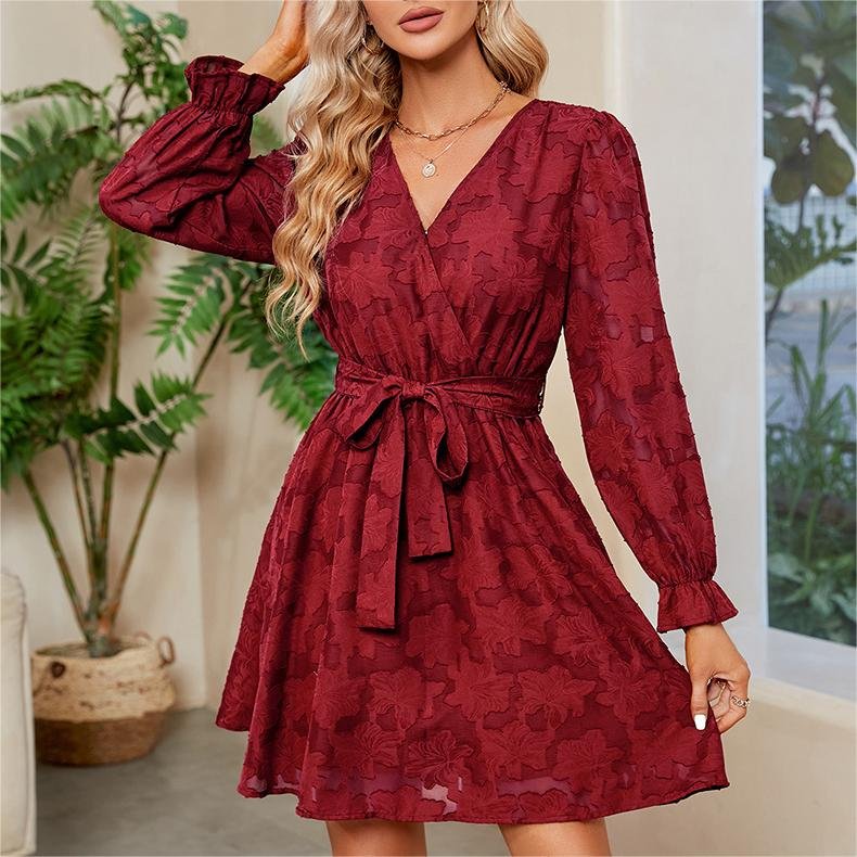 Polyester A-Line V Neck Wrap Tie Long Sleeve Mini Dress Casual Flare Women's Burgundy Classy Lady Lace Flower Dresses With Belts