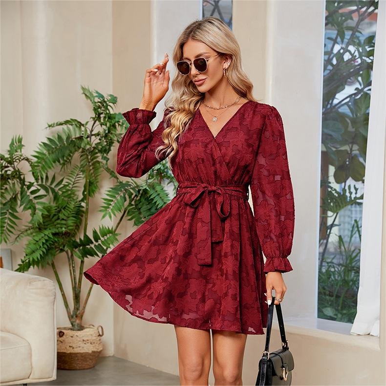 Polyester A-Line V Neck Wrap Tie Long Sleeve Mini Dress Casual Flare Women's Burgundy Classy Lady Lace Flower Dresses With Belts