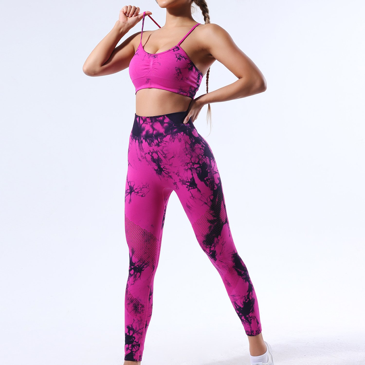 FLW New Tie Dye Workout Running Yoga 2 Piece Wear Seamless Gym Sportswear Bra Pants Yoga Set