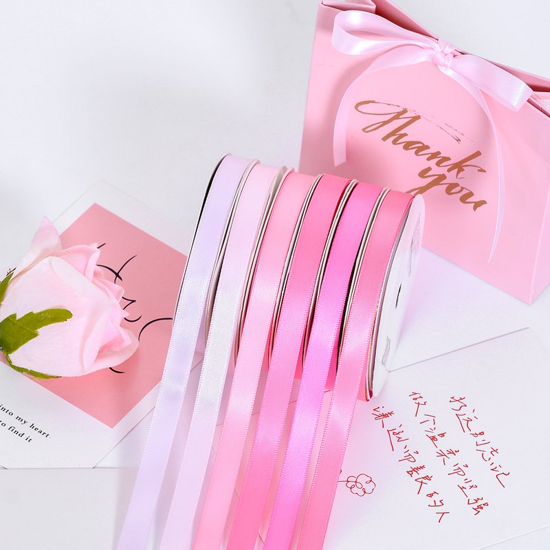 Ribest 9mm Pink Polyester Double Face Satin Ribbon For Gift Boxes Packaging Hair Bows Wholesale