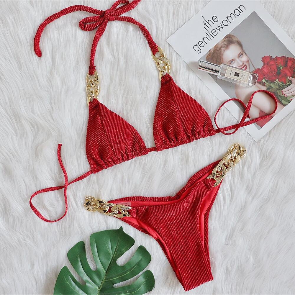 2024 Gold Chains Diamonds Sequin Women Two Piece Bikinis Luxury Bathing Suit Red Sexy Swimsuit
