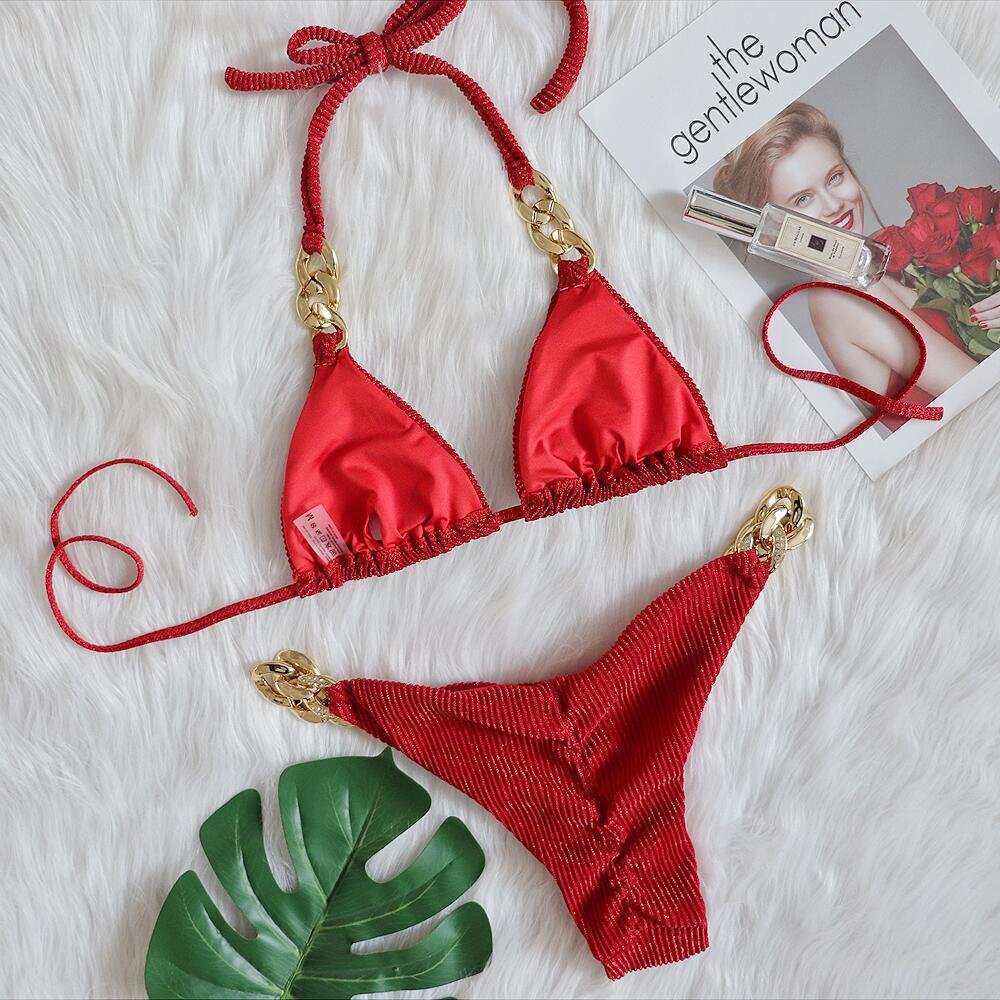 2024 Gold Chains Diamonds Sequin Women Two Piece Bikinis Luxury Bathing Suit Red Sexy Swimsuit