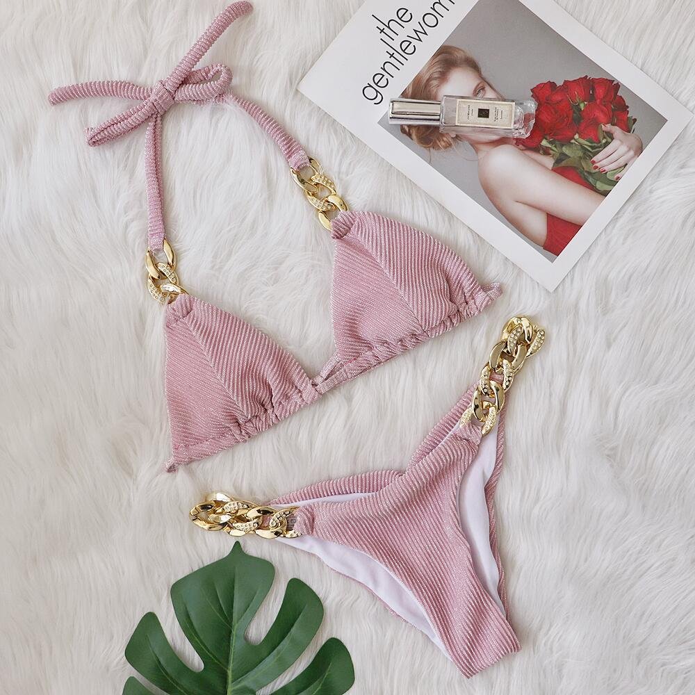 2024 Gold Chains Diamonds Sequin Women Two Piece Bikinis Luxury Bathing Suit Red Sexy Swimsuit