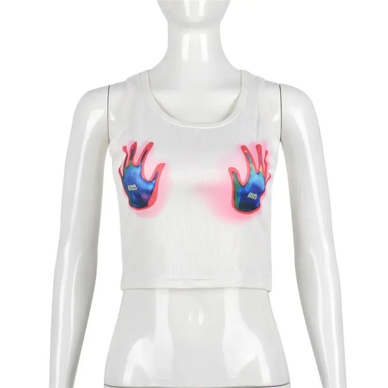2023 women tops fashion personality color contrast color Street navel U Collar short vest women
