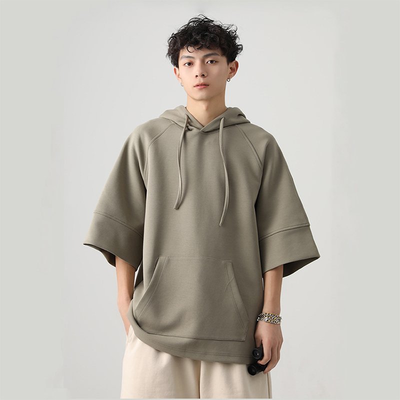 Summer Short Sleeved T-shirt Men's American Loose Plus Size Fashion Hooded T-shirt Drop Shoulder Solid Color Tee Shirt Hoodie
