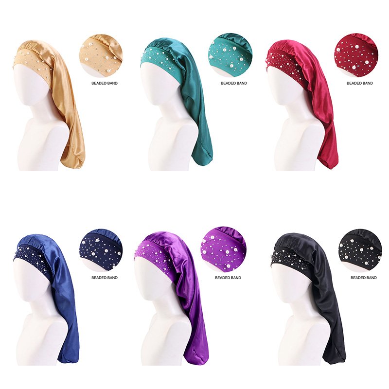 Custom Logo Braid Bonnets Night Sleep Cap Hair Bonnet Beaded Long Satin Bonnets with Wide Band