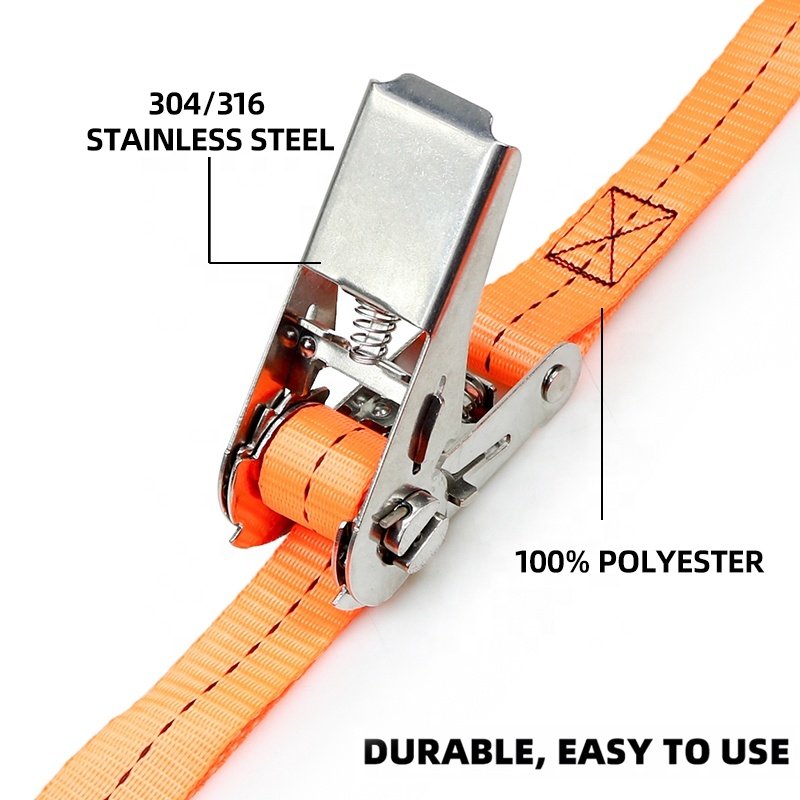 Custom Logo 1 Inch Heavy Duty Polyester Webbing 304/316 Stainless Steel Ratchet Strap Tie Down