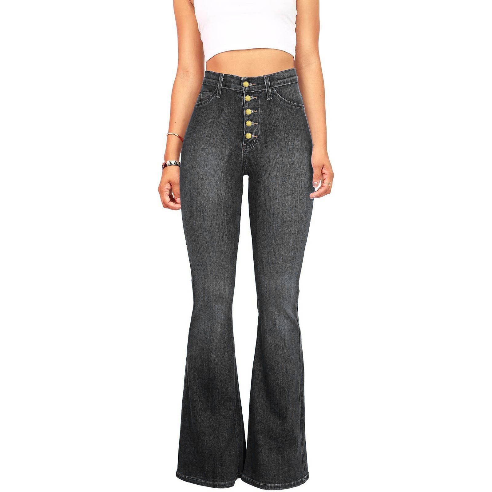 Women Streetwear Flared Jeans Elastic Plus Size Button Trousers Casual Boot Cut Pants High Waisted Stretch Blue Denim Jeans