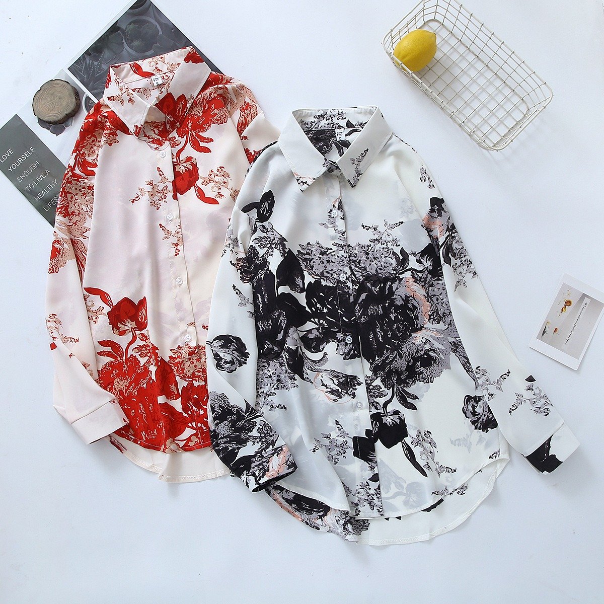 2024 New Korean Retro Digital Print Satin Blouse for Women Long Sleeve Breathable and Button Decorated for Summer Autumn Spring