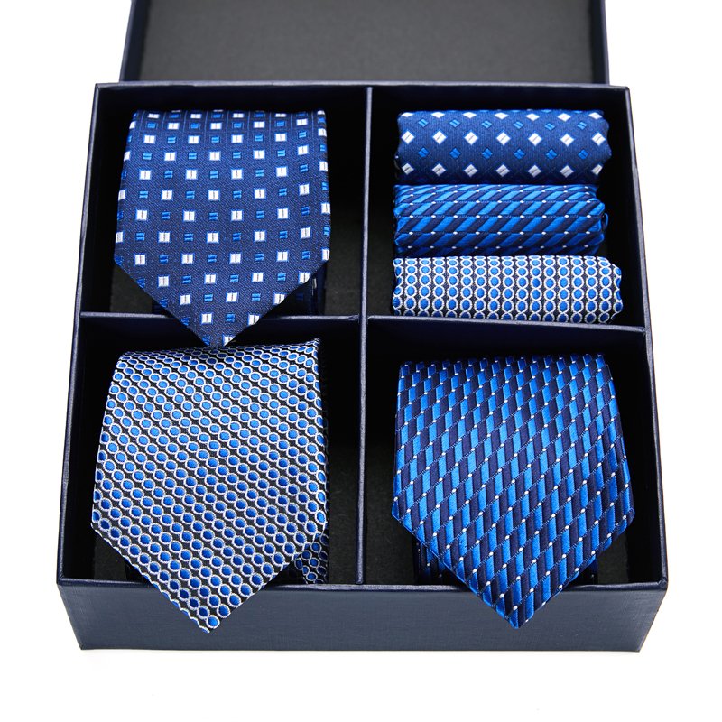 High Grade Fashion 3 Set Tie Handkerchief Cufflink Set Pocket Squares Necktie For Men Blue Stripe Plaid Fit Workplace
