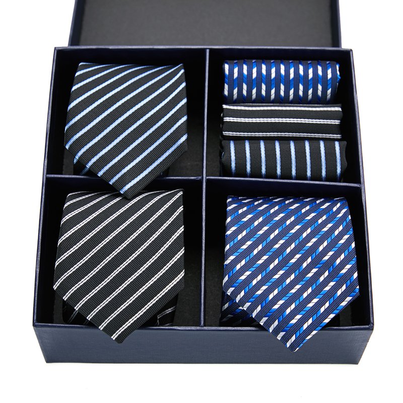 High Grade Fashion 3 Set Tie Handkerchief Cufflink Set Pocket Squares Necktie For Men Blue Stripe Plaid Fit Workplace