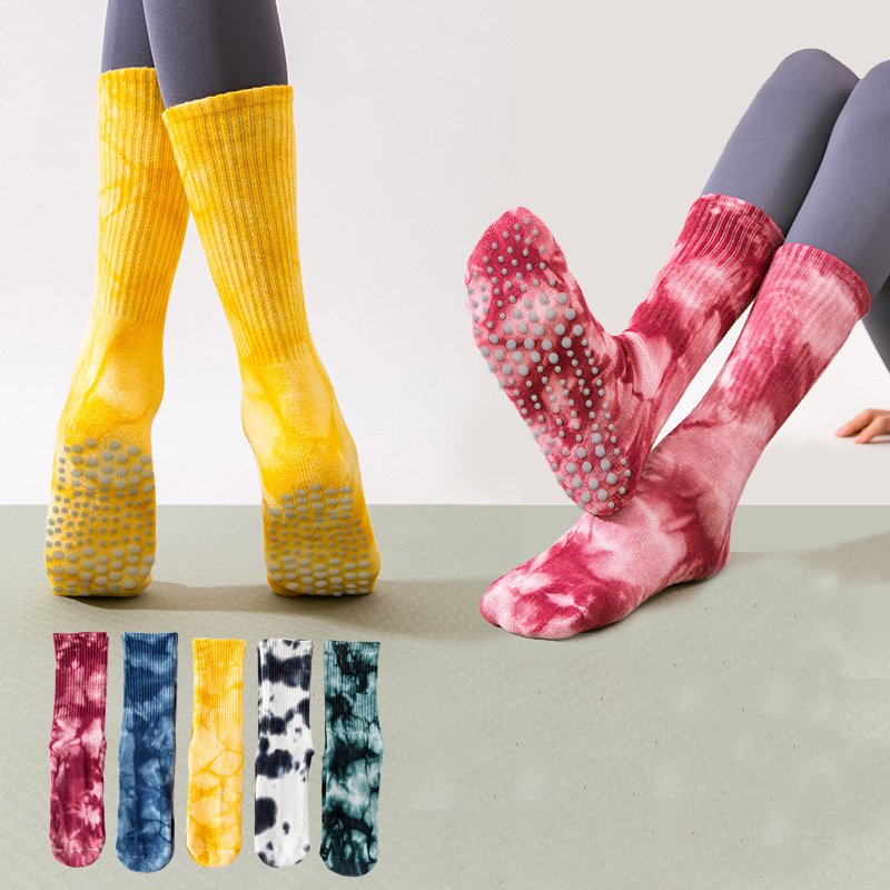 Women Tie-dye terry thickened Anti Slip yoga Pilates socks colorful mid-tube professional yoga fitness sports cotton grips socks