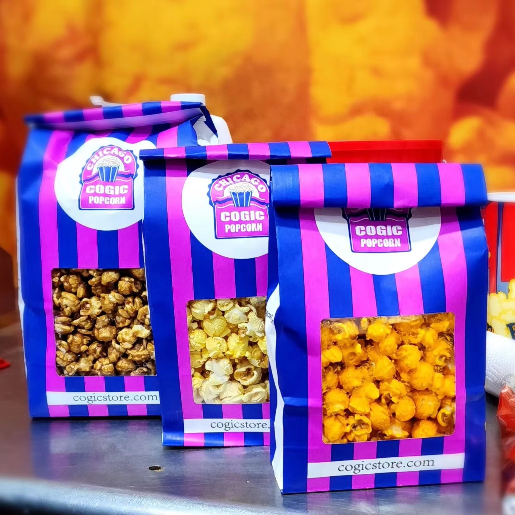 Custom Logo Printed Purple White Kraft Chips Pop Corn Bag Take Away Food Paper Bag Window Supermarket Popcorn Container