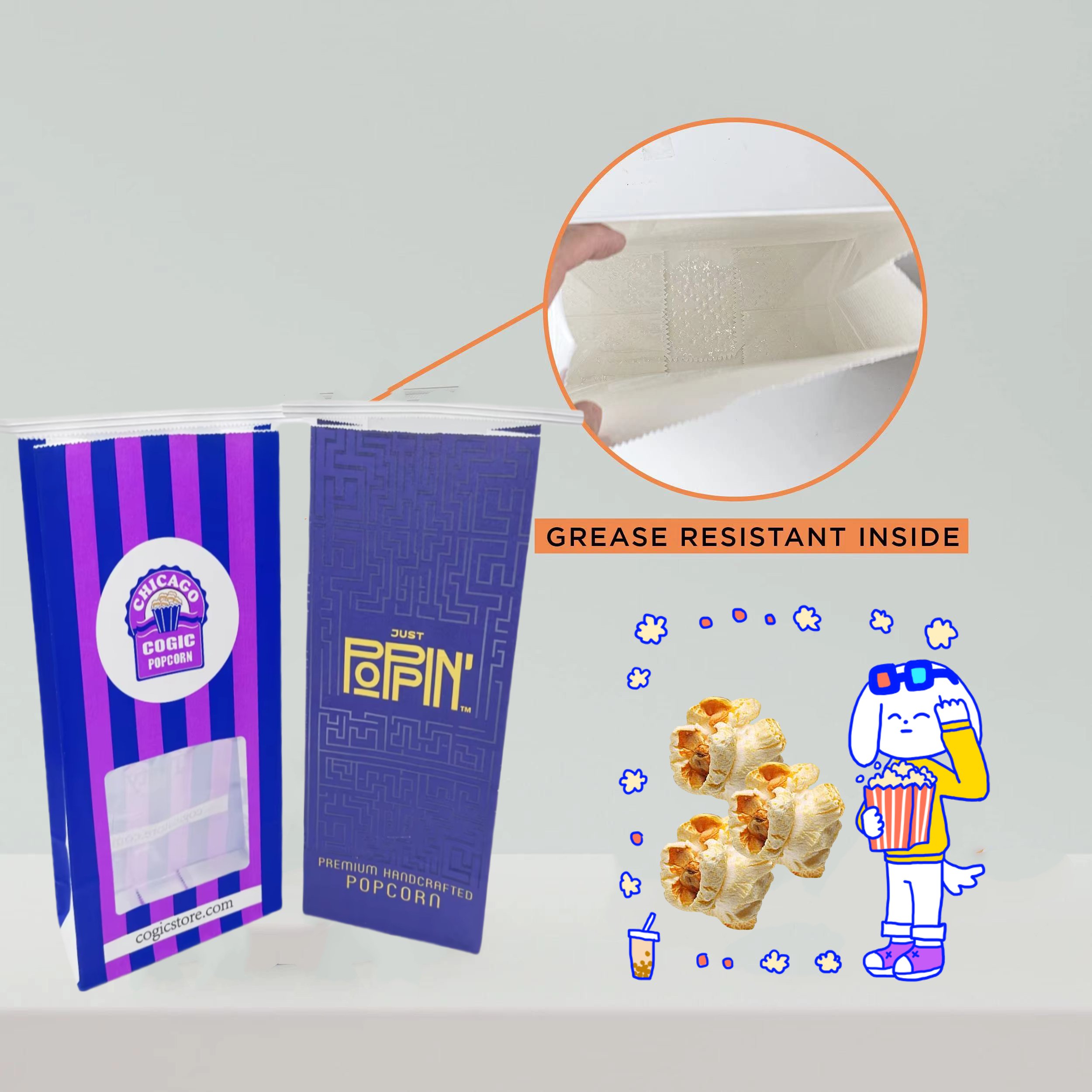 Custom Logo Printed Purple White Kraft Chips Pop Corn Bag Take Away Food Paper Bag Window Supermarket Popcorn Container
