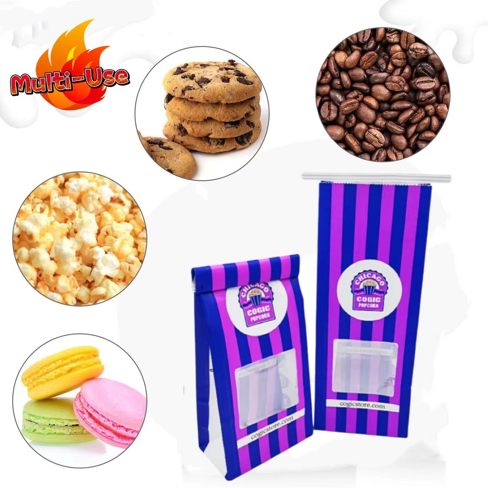 Custom Logo Printed Purple White Kraft Chips Pop Corn Bag Take Away Food Paper Bag Window Supermarket Popcorn Container