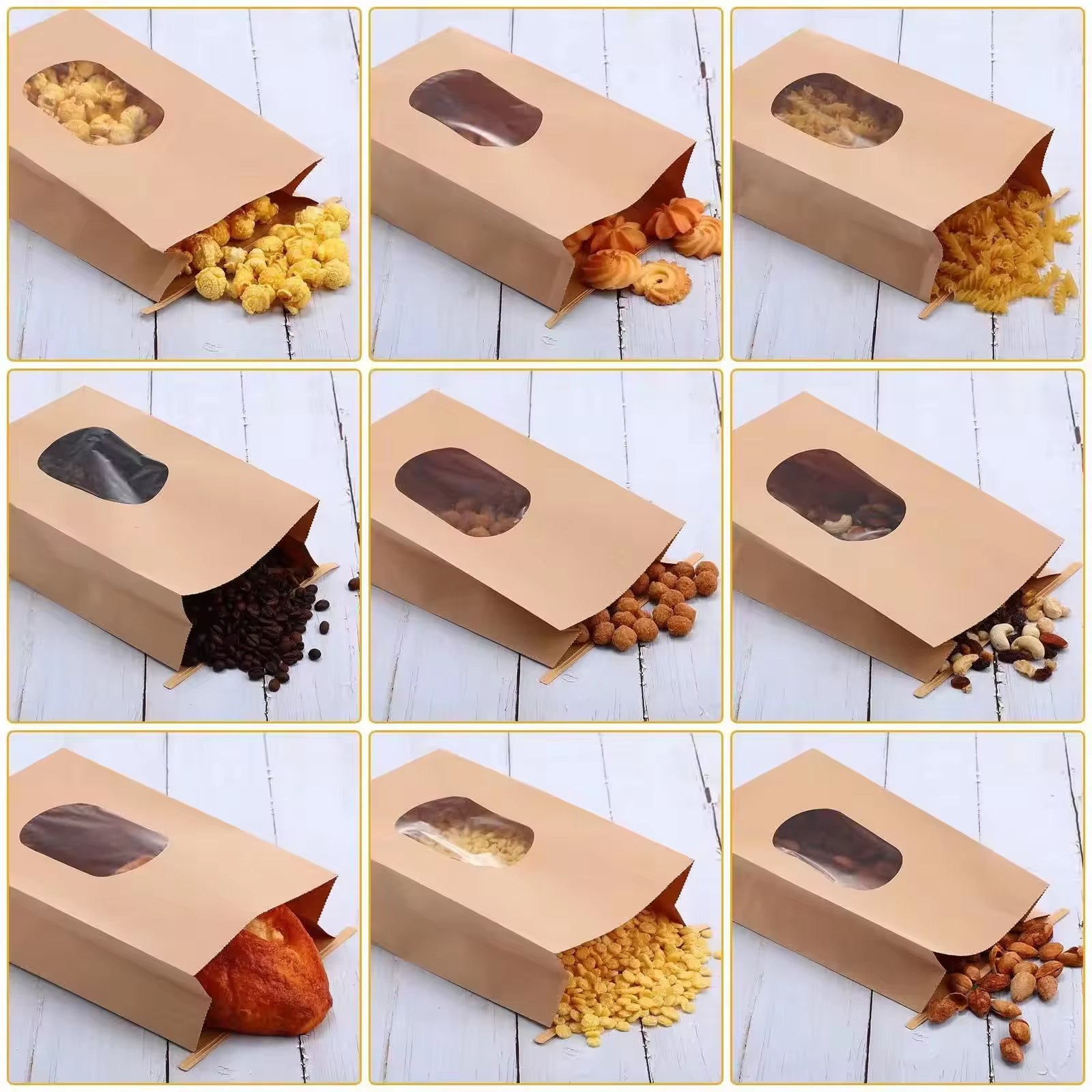 Custom Logo Printed Purple White Kraft Chips Pop Corn Bag Take Away Food Paper Bag Window Supermarket Popcorn Container