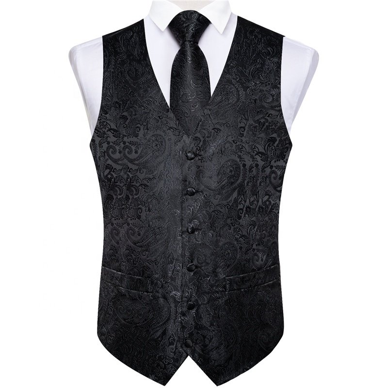 Men's Vest Tie Set 4PC Paisley Floral Jacquard Waistcoat and Necktie Pocket Square Vests for Suit Tuxedo Wedding