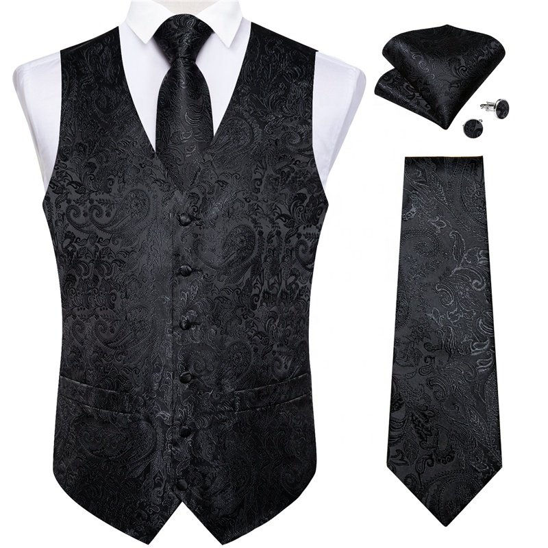 Men's Vest Tie Set 4PC Paisley Floral Jacquard Waistcoat and Necktie Pocket Square Vests for Suit Tuxedo Wedding