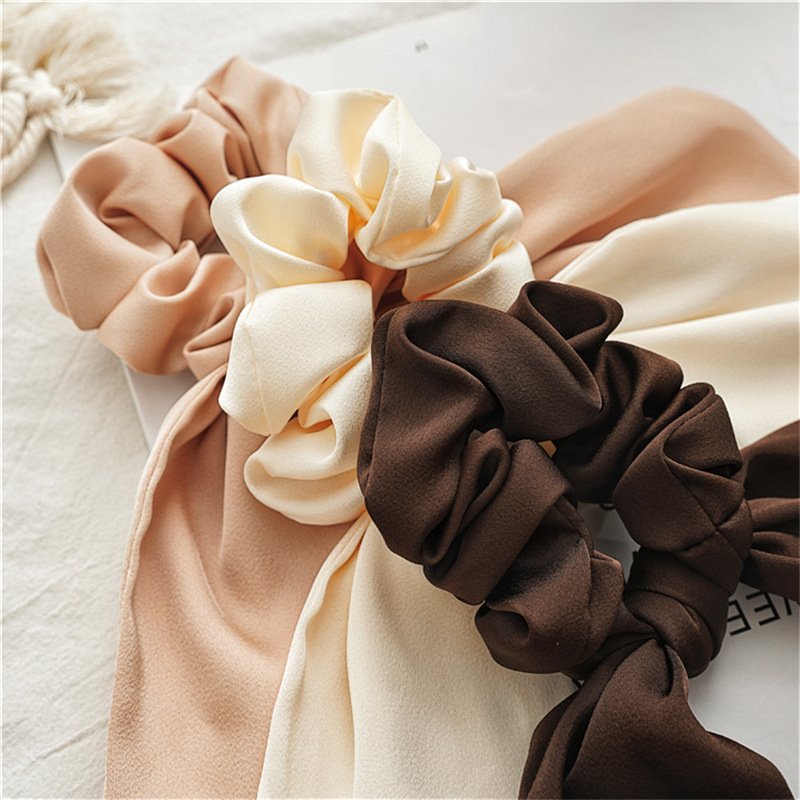 Solid Color Silk Hair Scrunchies with Tail Popular Women Bow Elastic Hair Band Satin hair ties