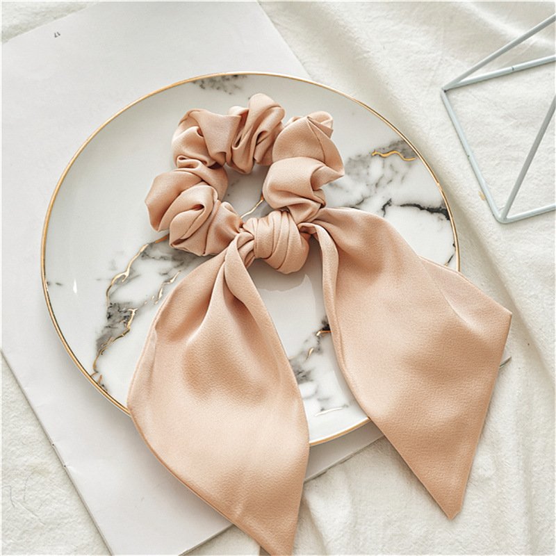 Solid Color Silk Hair Scrunchies with Tail Popular Women Bow Elastic Hair Band Satin hair ties