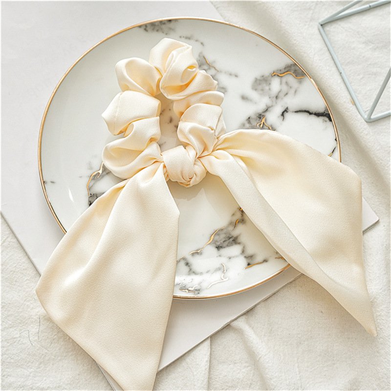 Solid Color Silk Hair Scrunchies with Tail Popular Women Bow Elastic Hair Band Satin hair ties