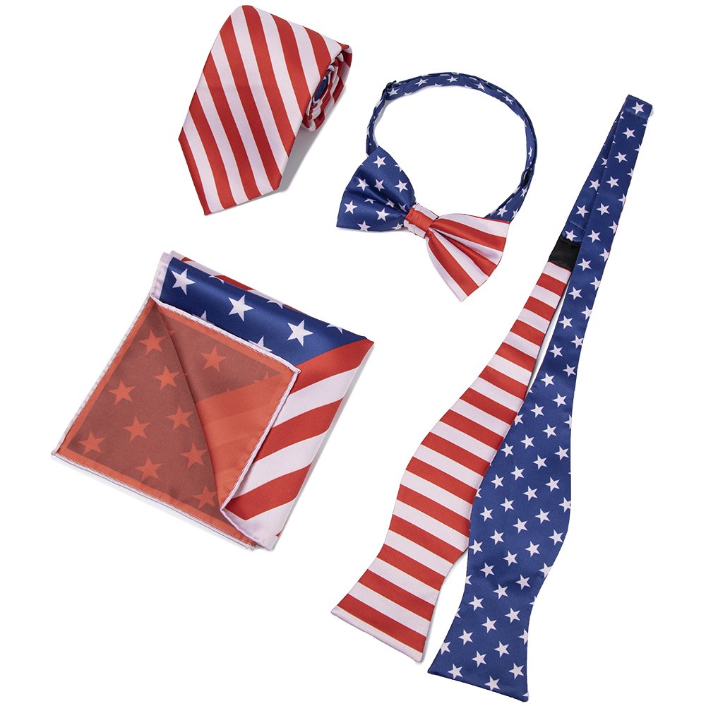 Men's American Flag Bow Tie Pre Tied USA Patriotic BOWTIE Hand Made Silky Microfiber printed Red white blue adjustable Bow Ties