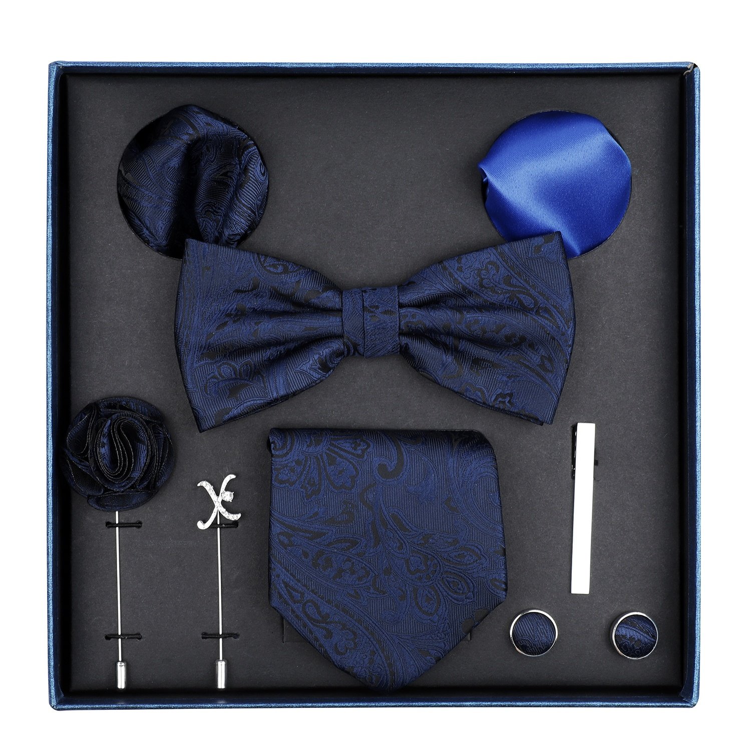 Polyester Ties Set Bow Tie Handkerchief Cufflinks for Men Business Wedding Necktie Pocket Square Hanky Cufflinks 8 Piece Set