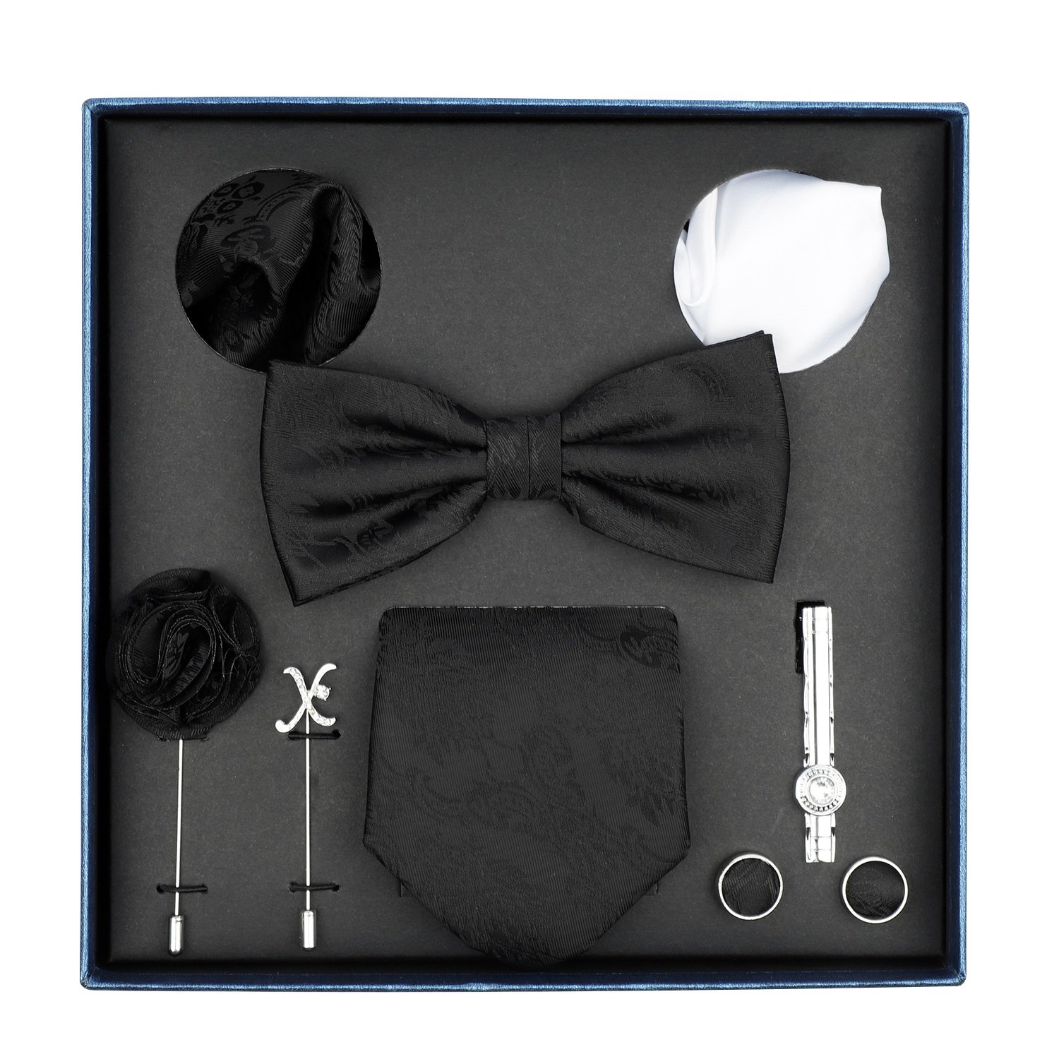 Polyester Ties Set Bow Tie Handkerchief Cufflinks for Men Business Wedding Necktie Pocket Square Hanky Cufflinks 8 Piece Set