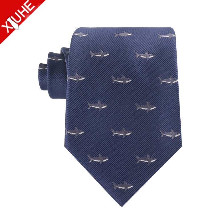Custom LOGO Mens Tie animal Pattern Navy Blue Ties Custom Polyester Woven Necktie