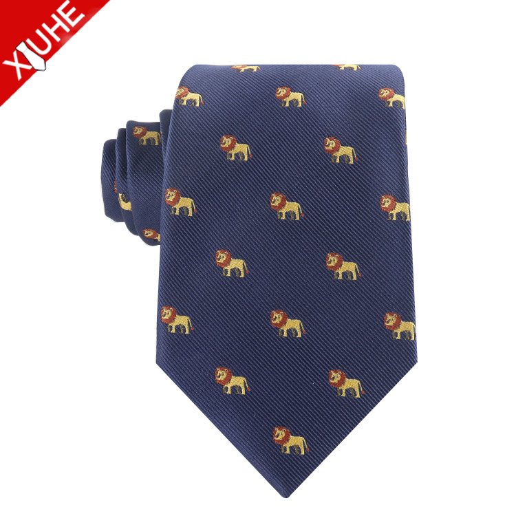 Custom LOGO Mens Tie animal Pattern Navy Blue Ties Custom Polyester Woven Necktie