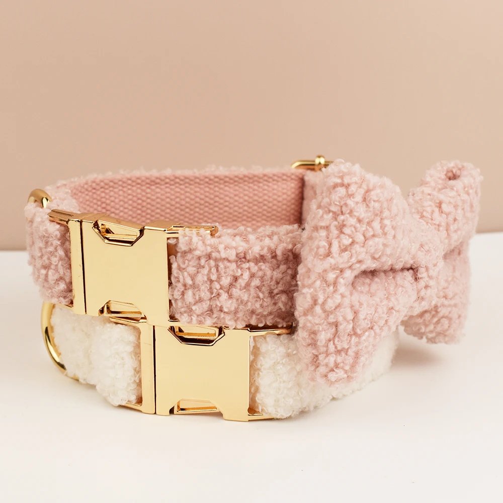 Durable Winter Autumn Warm Teddy Material Dog Collar And Leash Set XS-XL Custom No Pull Dog Harness With Bow Tie