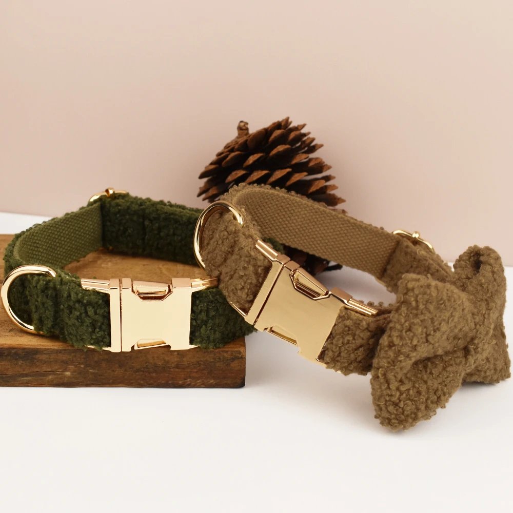 Durable Winter Autumn Warm Teddy Material Dog Collar And Leash Set XS-XL Custom No Pull Dog Harness With Bow Tie