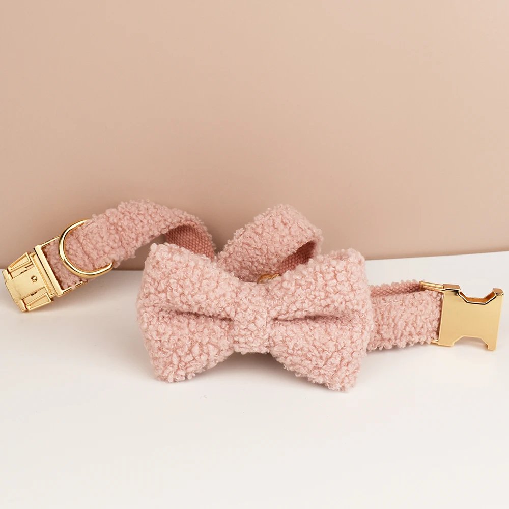 Durable Winter Autumn Warm Teddy Material Dog Collar And Leash Set XS-XL Custom No Pull Dog Harness With Bow Tie